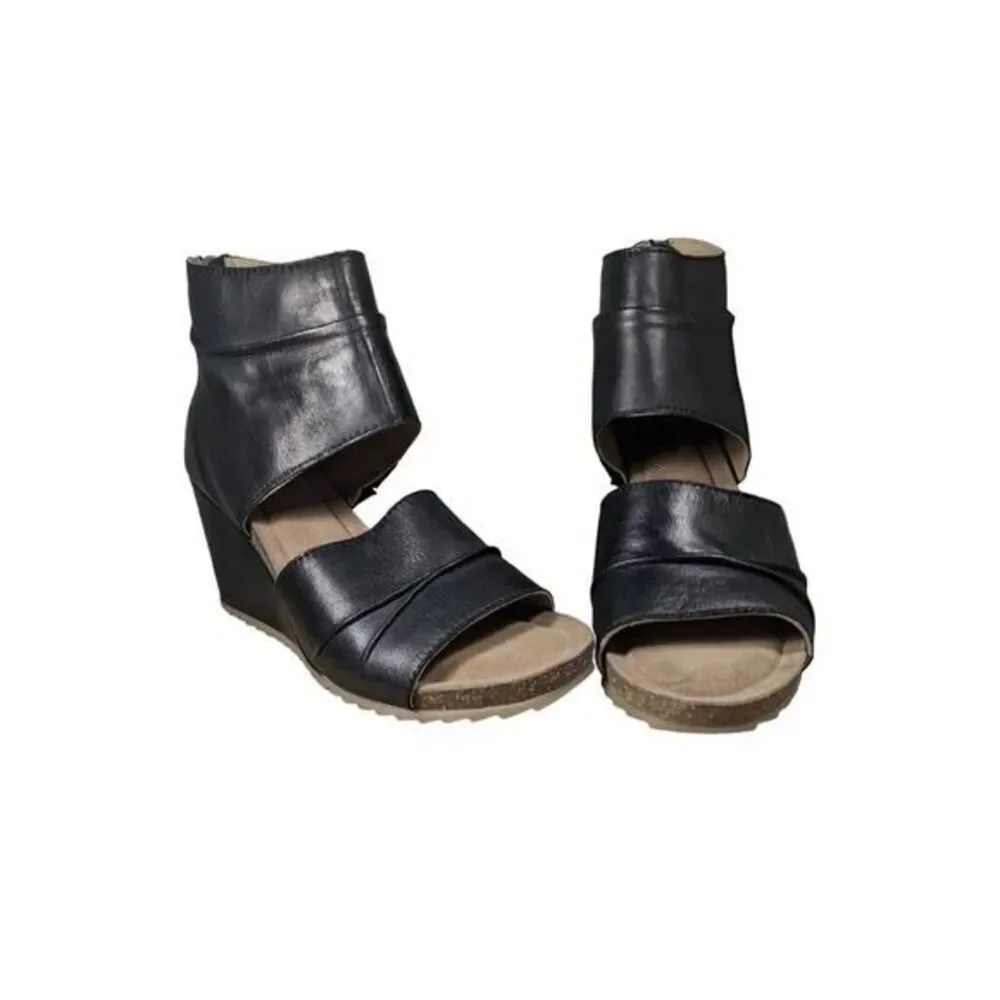 leather Diba True Next N Line 3" Wedge Sandals W/ 8.5 Black Cutout LN/NWB - Picture 2 of 13